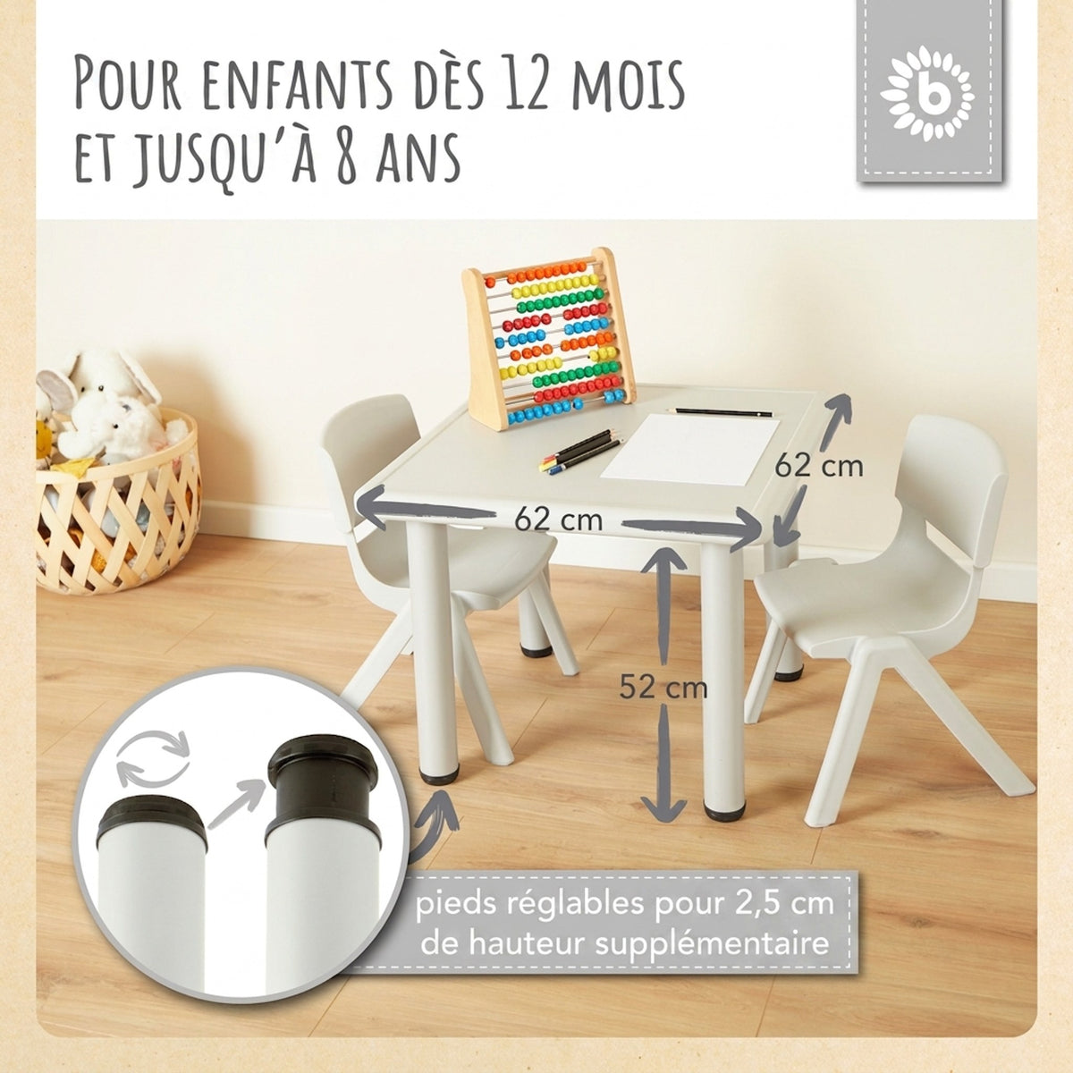 1x Kindertisch Silver + 4x Kinderstuhl Hazy Blue - FR Infographic