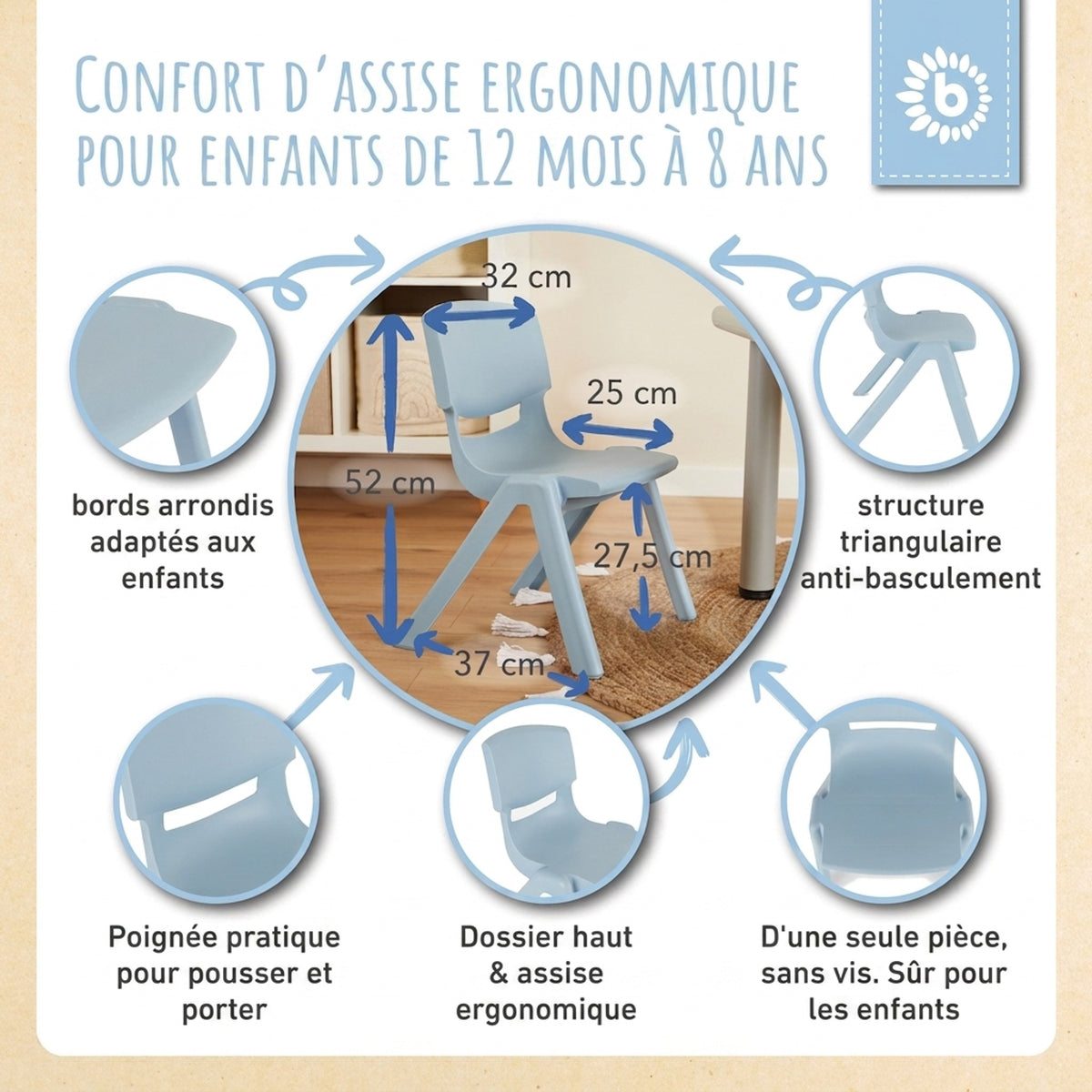 1x Kindertisch Silver + 4x Kinderstuhl Hazy Blue - FR Infographic