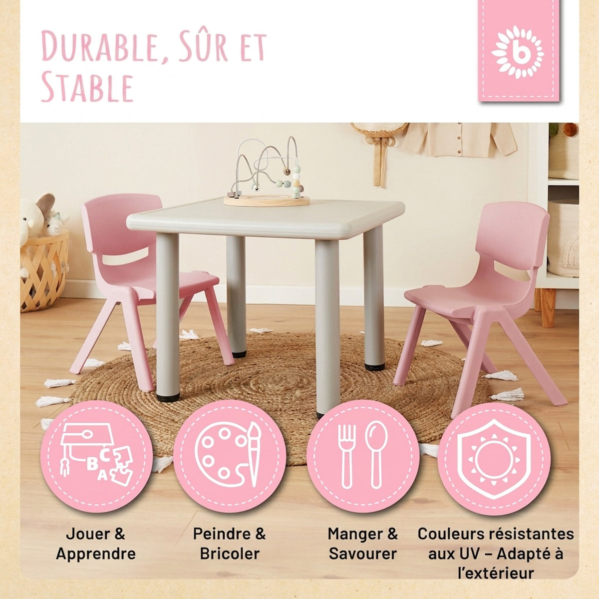 1x Kindertisch Silver & 2x Kinderstuhl Dreamy Rose - FR Infographic