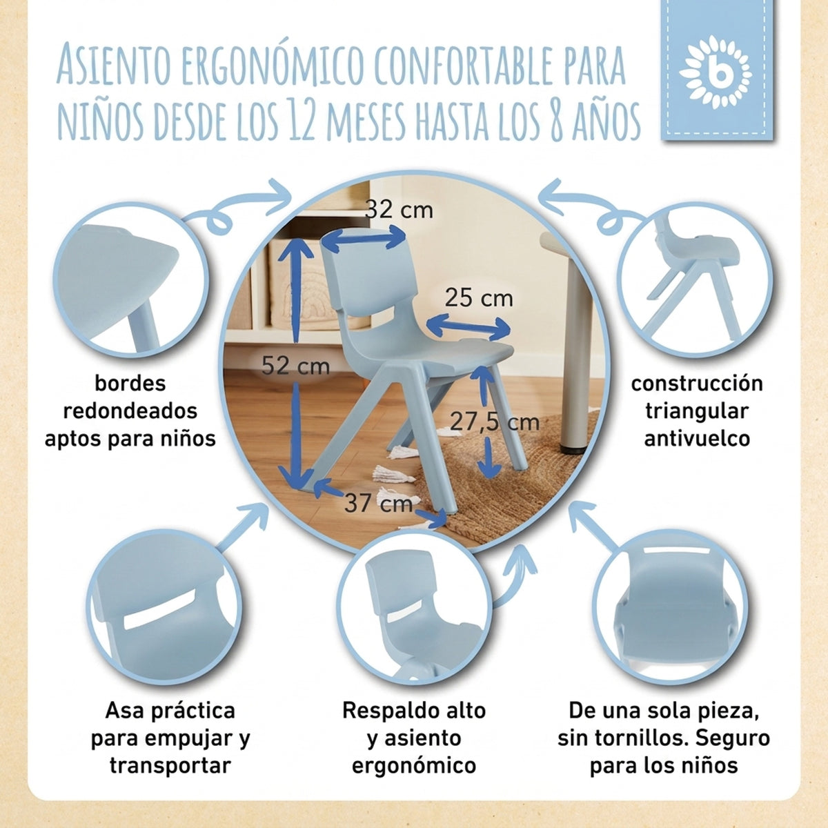 1x Kindertisch Silver + 2x Kinderstuhl Hazy Blue - ES Infographic