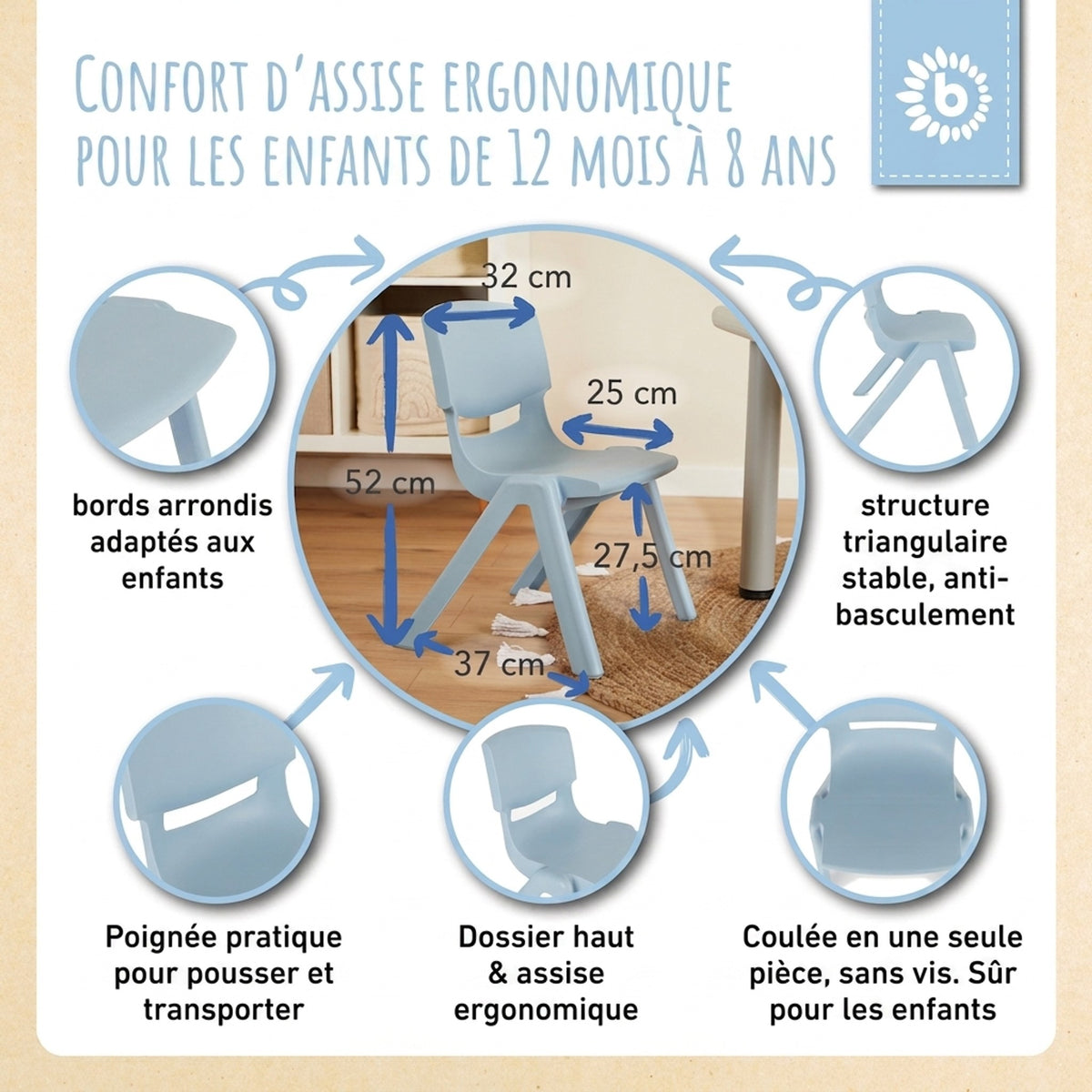 1x Kindertisch Silver + 2x Kinderstuhl Hazy Blue - FR Infographic