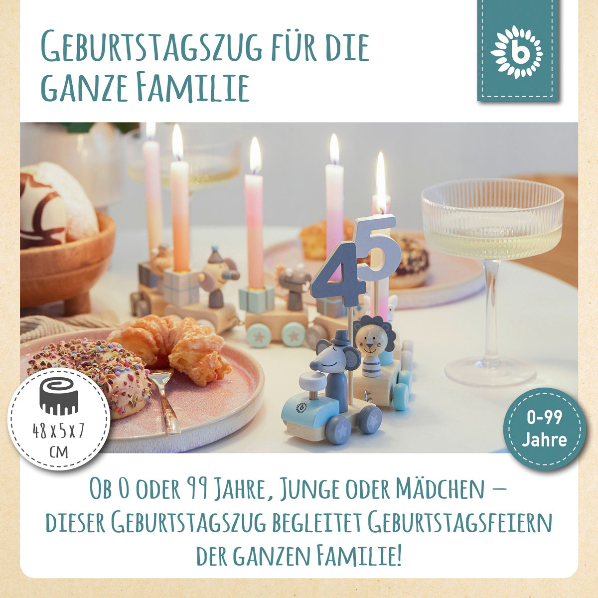 Geburtstagszug Holz Scandi 0-99 Jahre mit 6 Kerzen