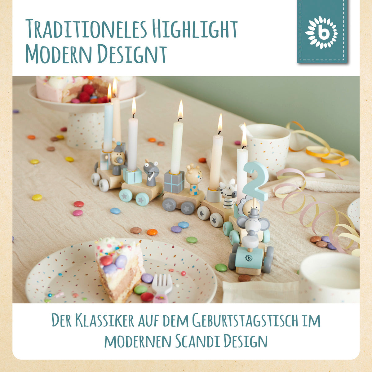 Geburtstagszug Holz Scandi 0-99 Jahre mit 6 Kerzen