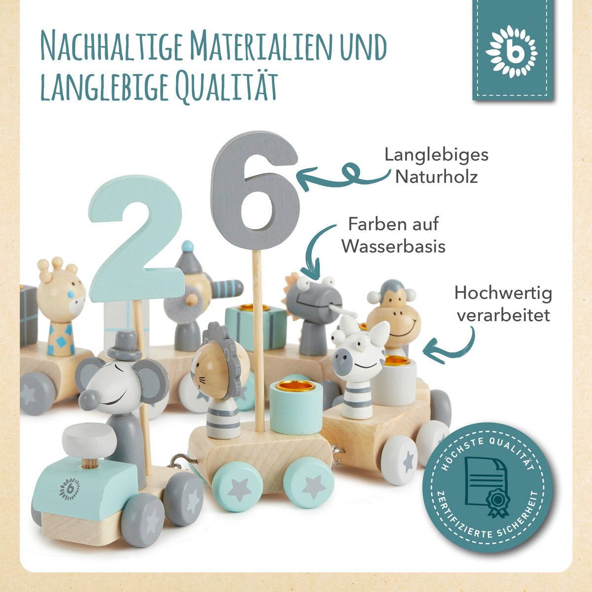 Geburtstagszug Holz Scandi 0-99 Jahre mit 6 Kerzen
