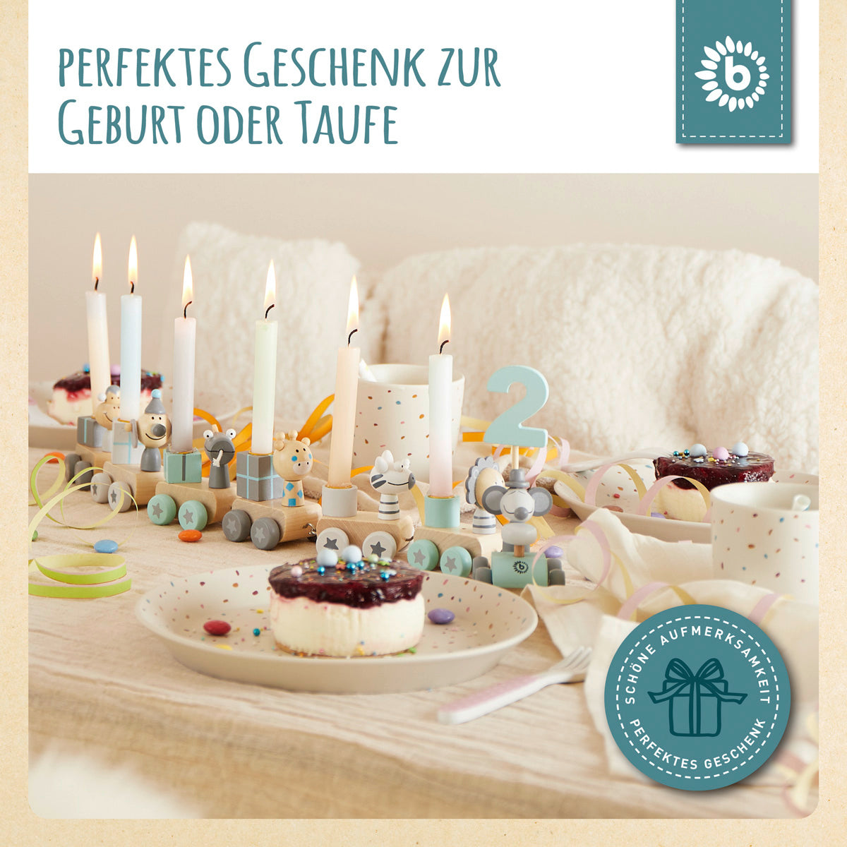 Geburtstagszug Holz Scandi 0-99 Jahre mit 6 Kerzen