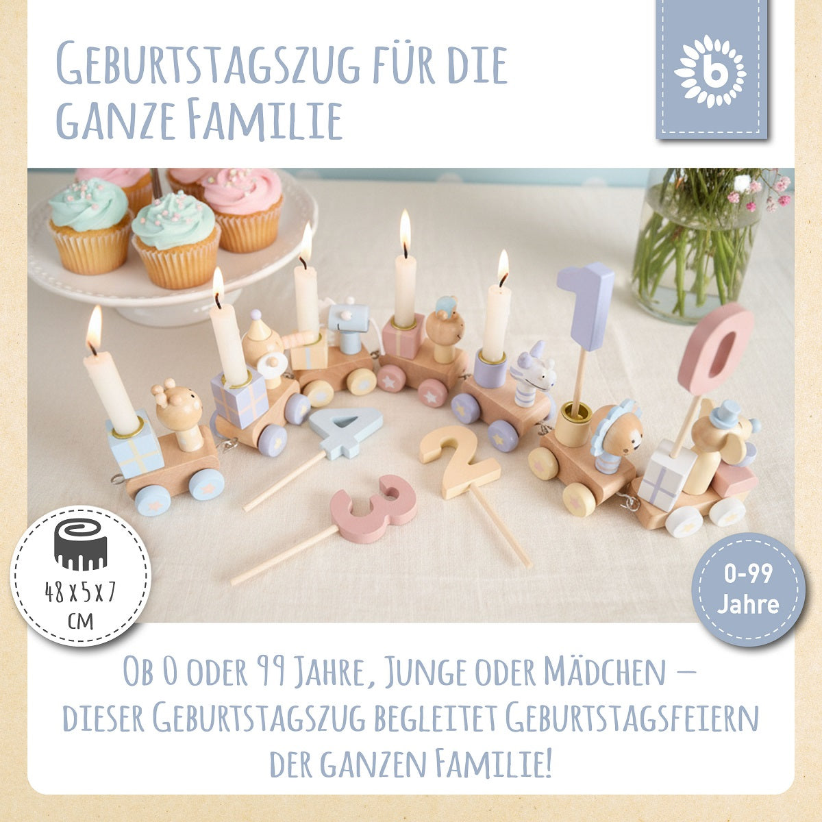 Trenino di compleanno in legno Candy 0-99 anni con 6 candele