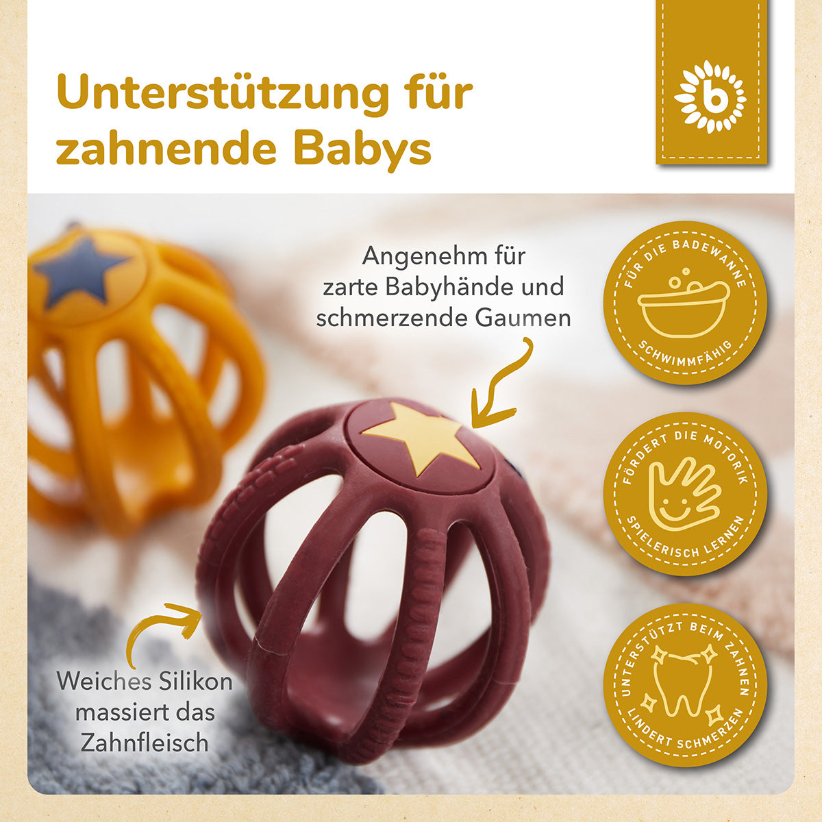 Set de 2 balles de préhension & d’anneau de dentition en silicone Sunset