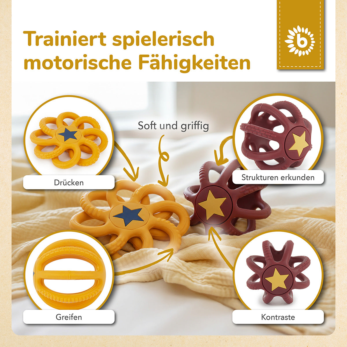 Set de 2 balles de préhension & d’anneau de dentition en silicone Sunset