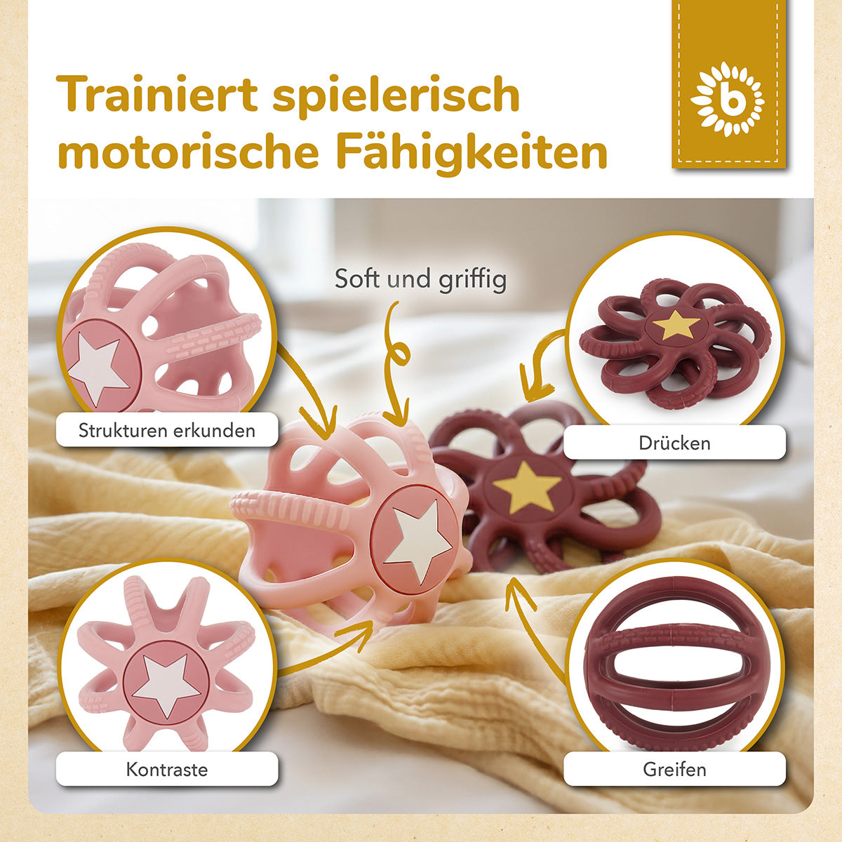 Set de 2 balles en silicone à mordiller & à saisir Rosy Sky