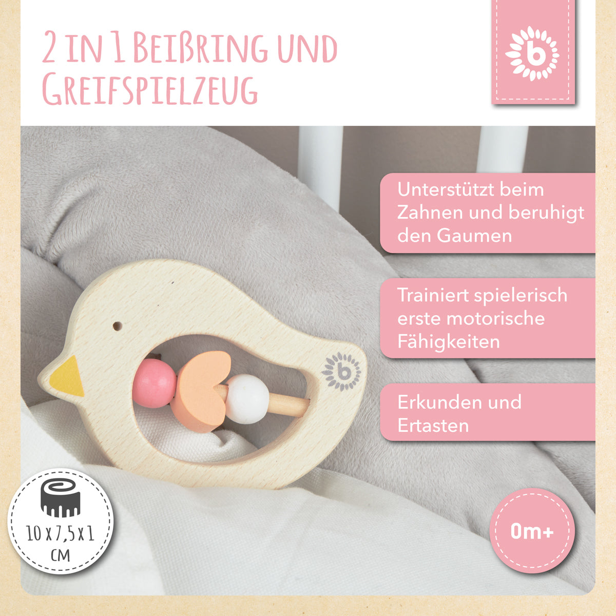 Anello da dentizione Uccellino rose