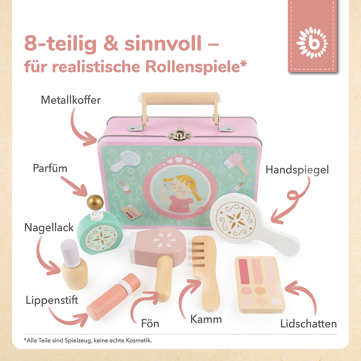 Schminkkoffer für Kinder – Beauty-Spielset aus Holz im Metallkoffer, 8-teilig