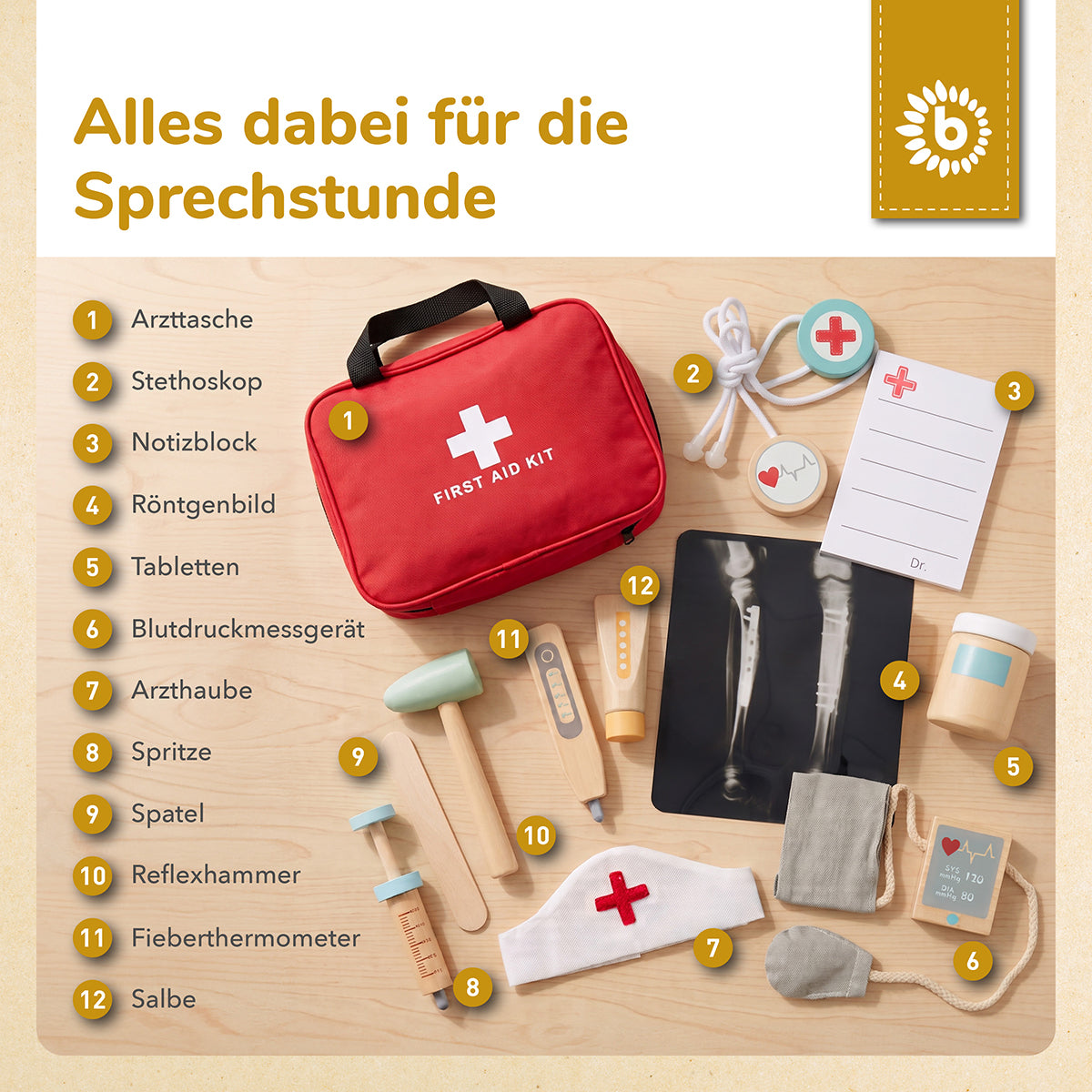Arzttasche Kinder – Doktor-Spielset aus Holz, 12-teilig