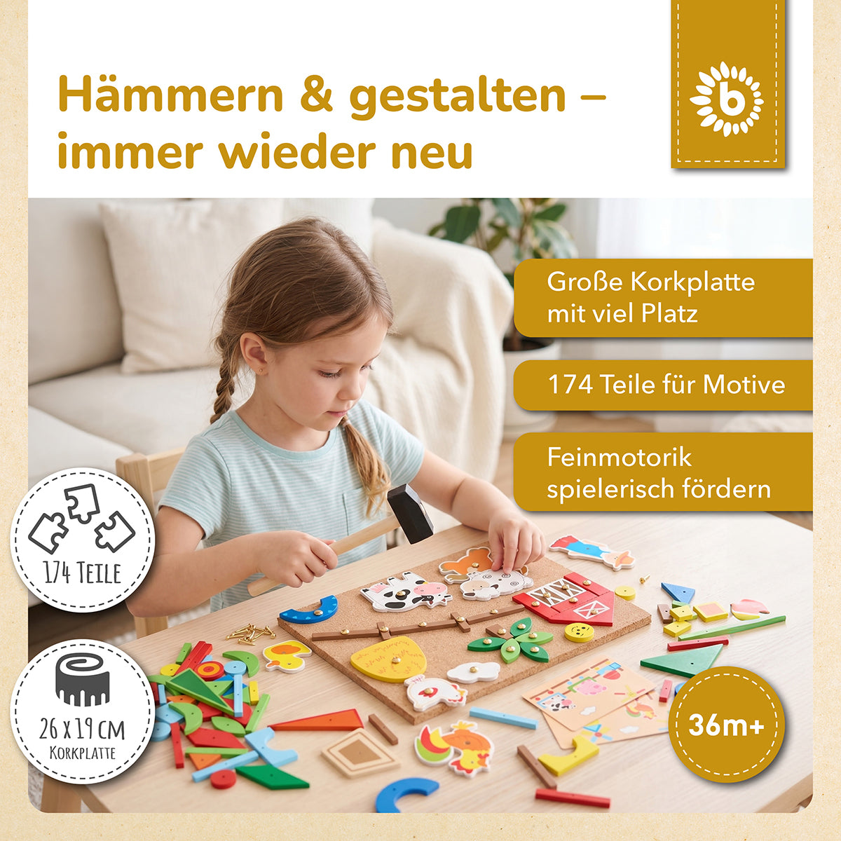 Hämmerchenspiel – Nagelspiel mit Korkplatte – Bauernhof, 174 Teile