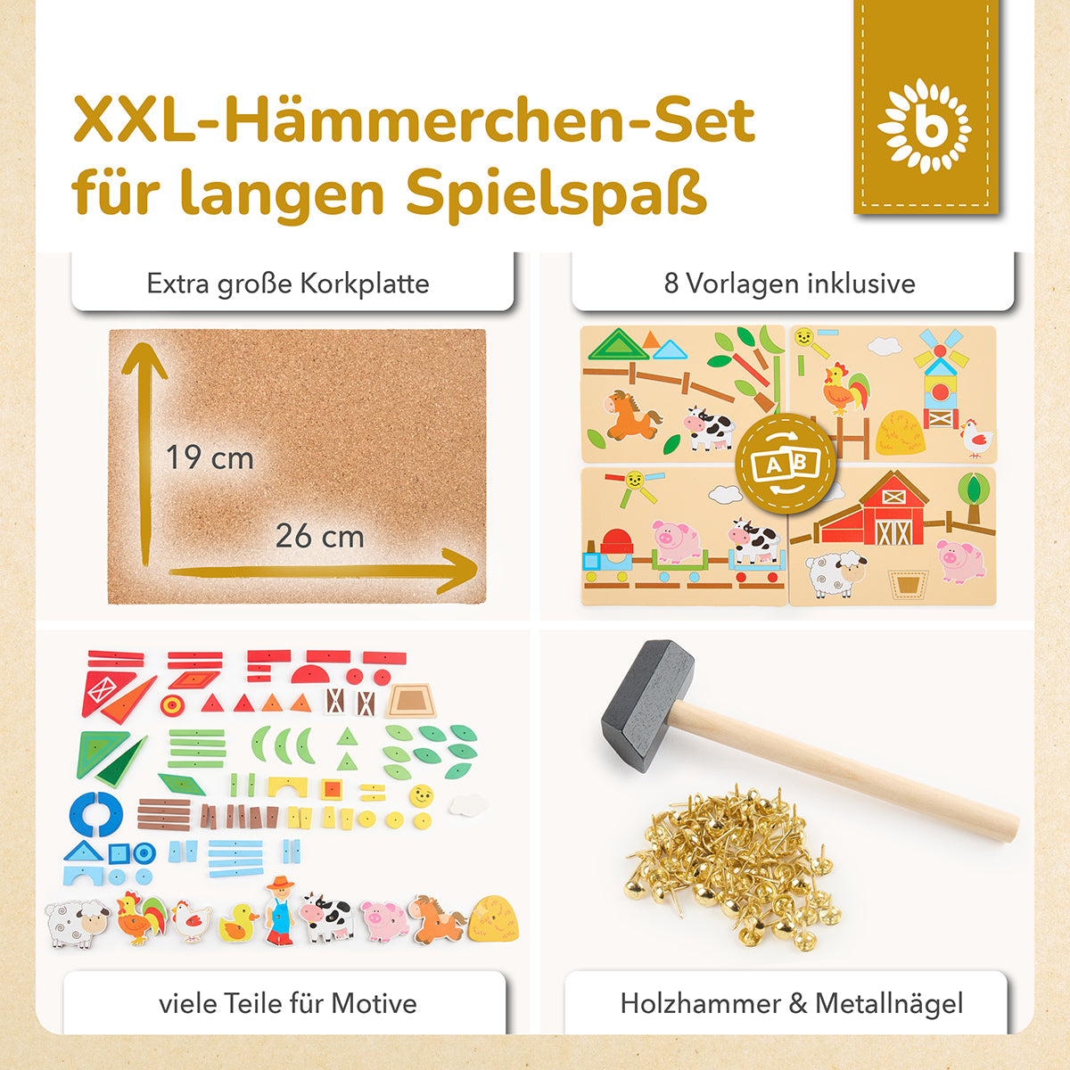 Hämmerchenspiel – Nagelspiel mit Korkplatte – Bauernhof, 174 Teile