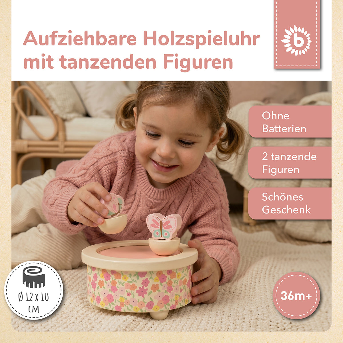 Holz-Spieluhr zum Aufziehen – tanzende Figuren – Blumenwiese