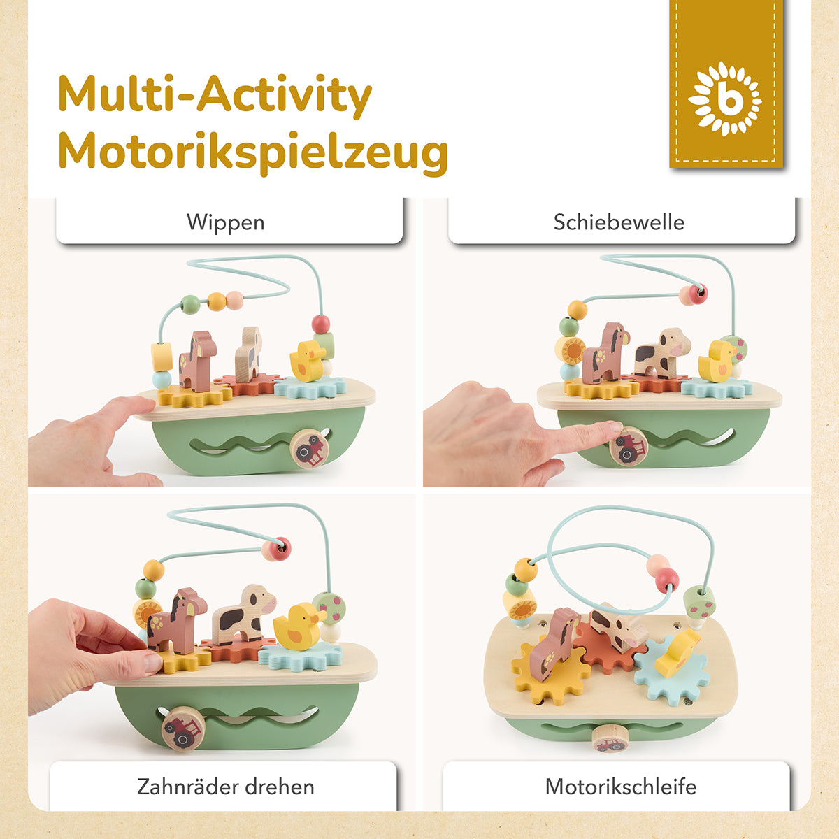 Motorikschleife aus Holz – Multi-Activity ab 1 Jahr – Bauernhof