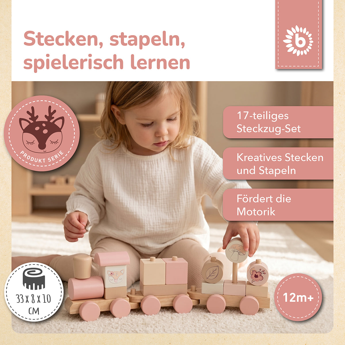 Holzzug – Steck- & Stapelzug mit Lok und 2 Waggons – Ella