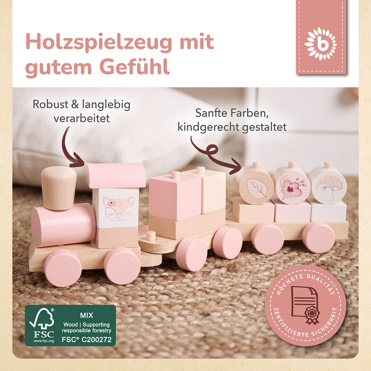 Holzzug – Steck- & Stapelzug mit Lok und 2 Waggons – Ella