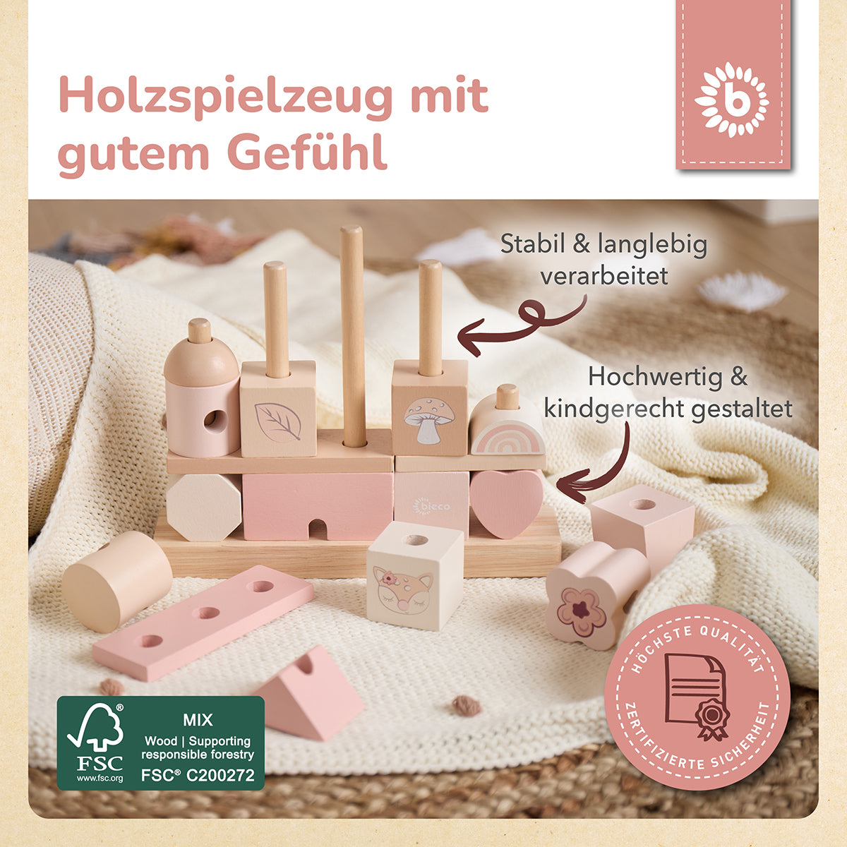 Stapelhaus aus Holz – Steckspiel mit 17 Bausteinen – Ella