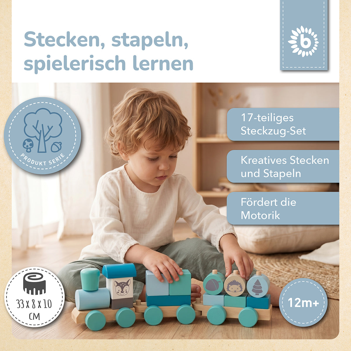 Holzzug – Steck- & Stapelzug mit Lok und 2 Waggons – Scandi