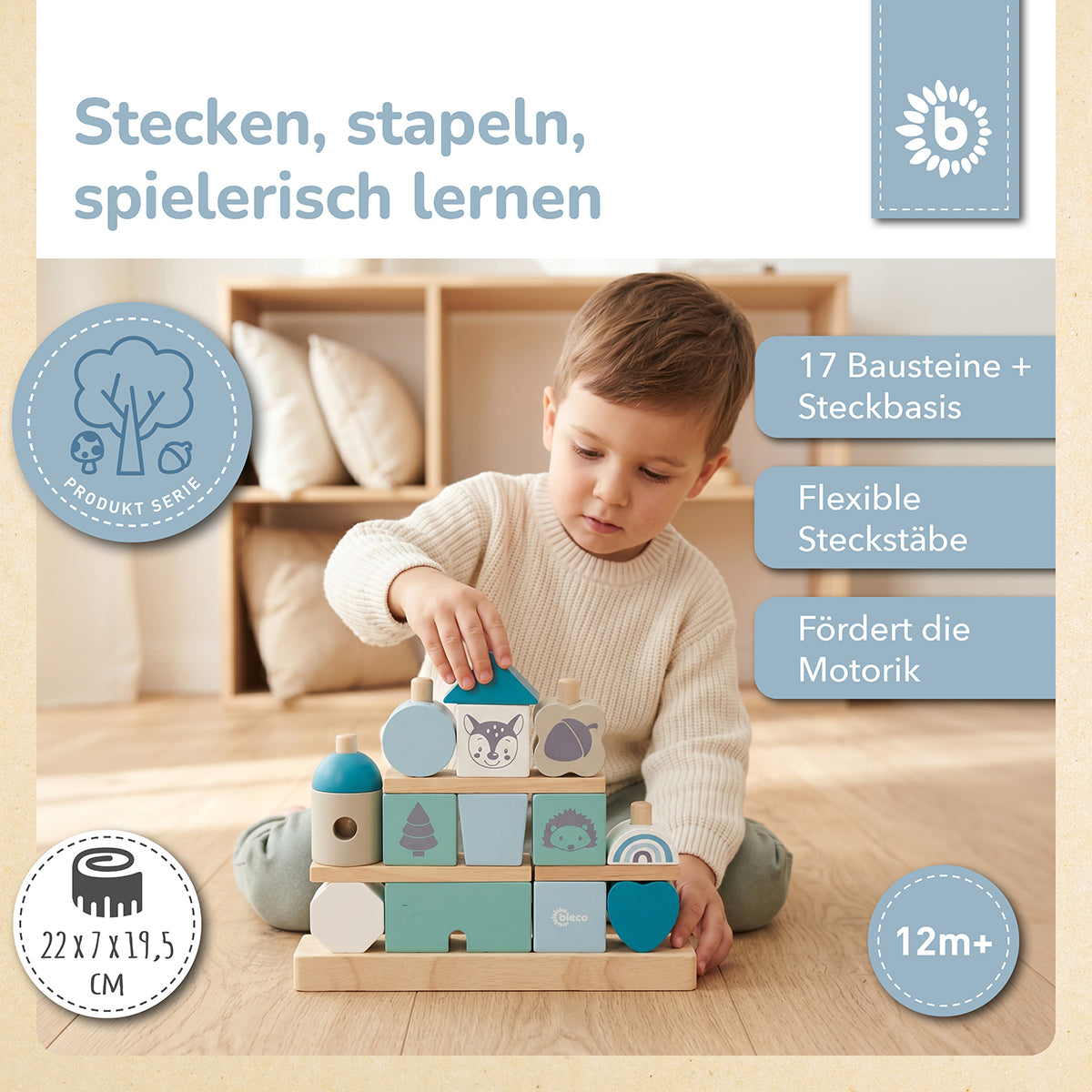 Stapelhaus aus Holz – Steckspiel mit 17 Bausteinen – Scandi