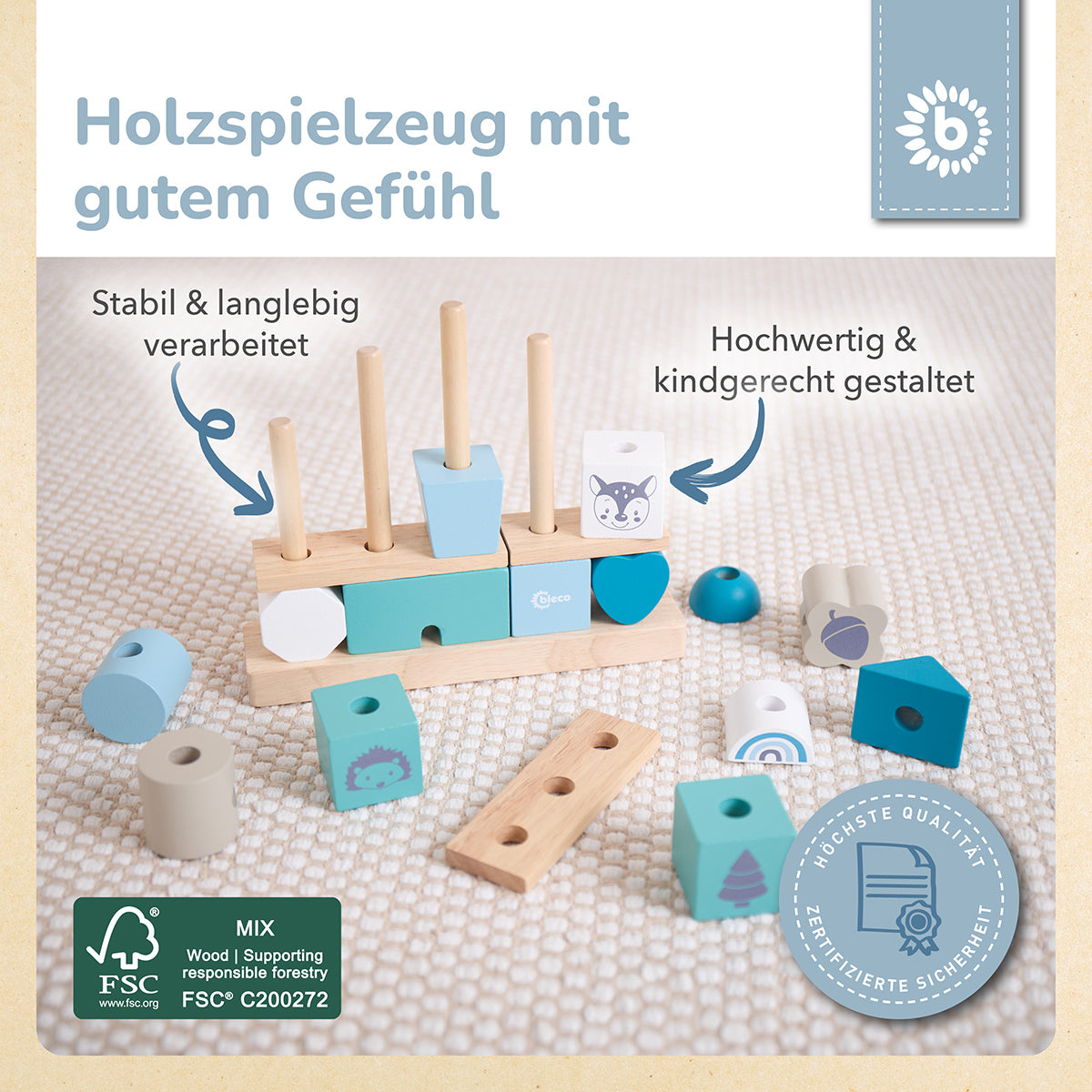 Stapelhaus aus Holz – Steckspiel mit 17 Bausteinen – Scandi