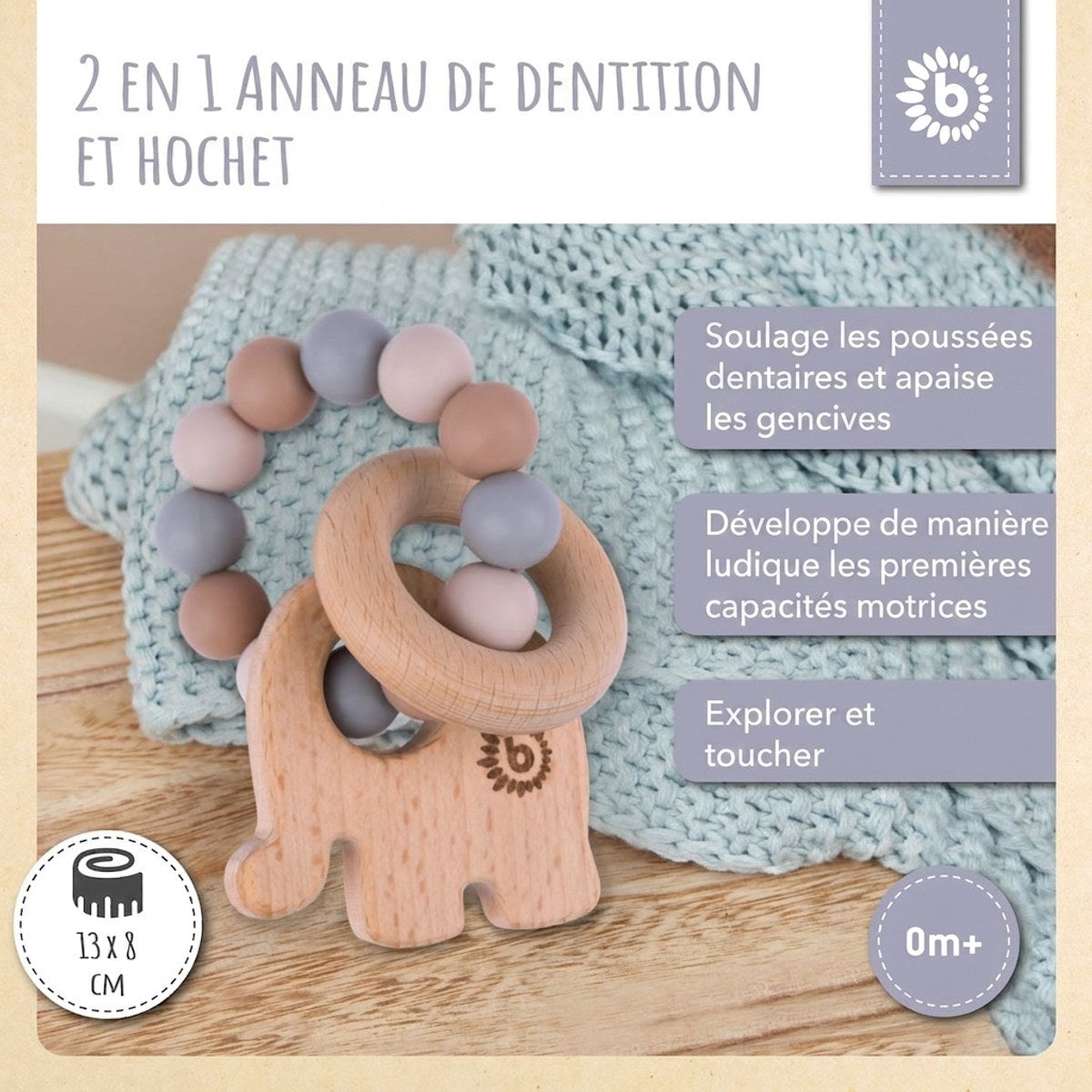 Beißring Elefant mit Silikonkette - FR Infographic