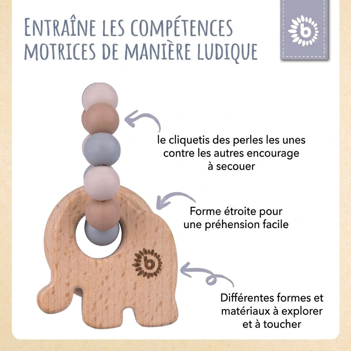 Beißring Elefant mit Silikonkette - FR Infographic