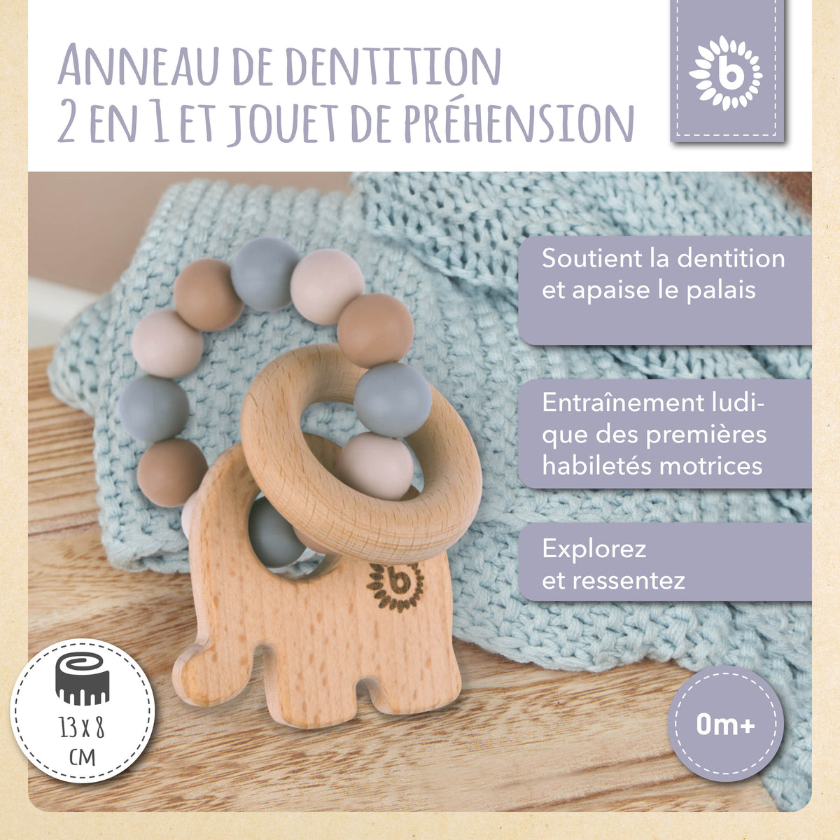 Beißring Elefant mit Silikonkette - FR Infographic