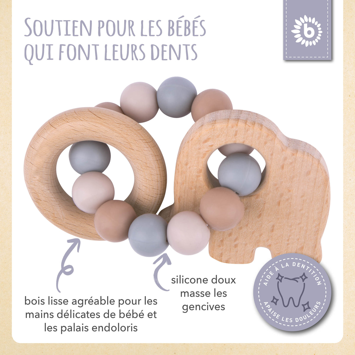 Beißring Elefant mit Silikonkette - FR Infographic