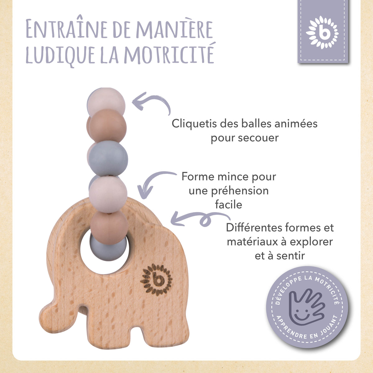 Beißring Elefant mit Silikonkette - FR Infographic
