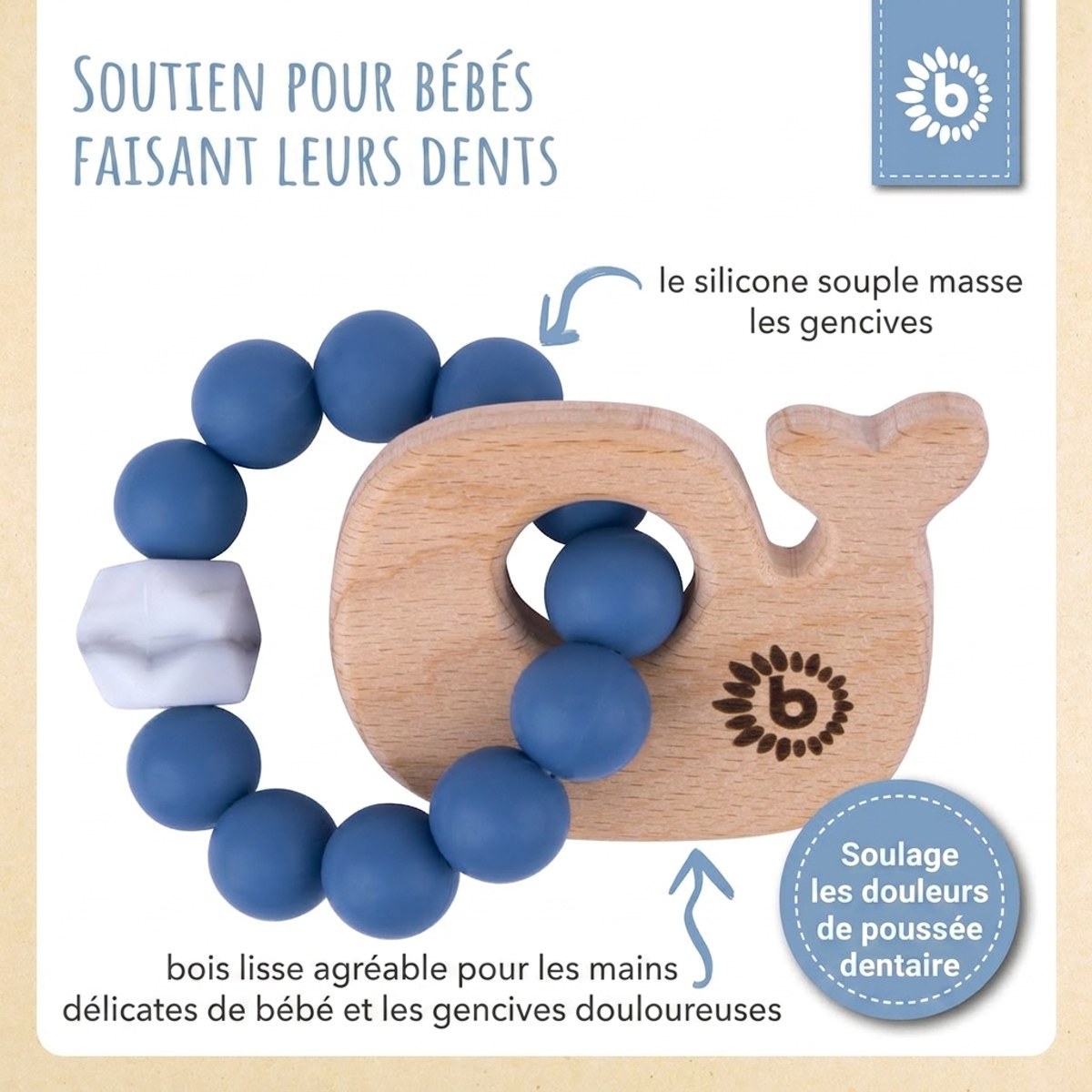 Beißring Wal mit Silikonkette - FR Infographic