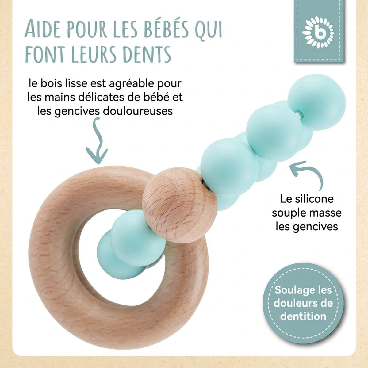 Beißring mit Silikonkette teal - FR Infographic