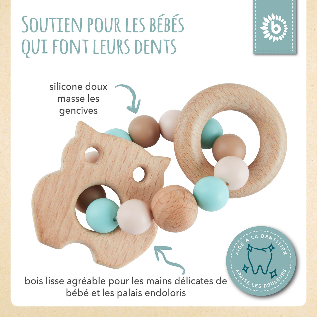 Beißring Eule mit Silikonkette - FR Infographic