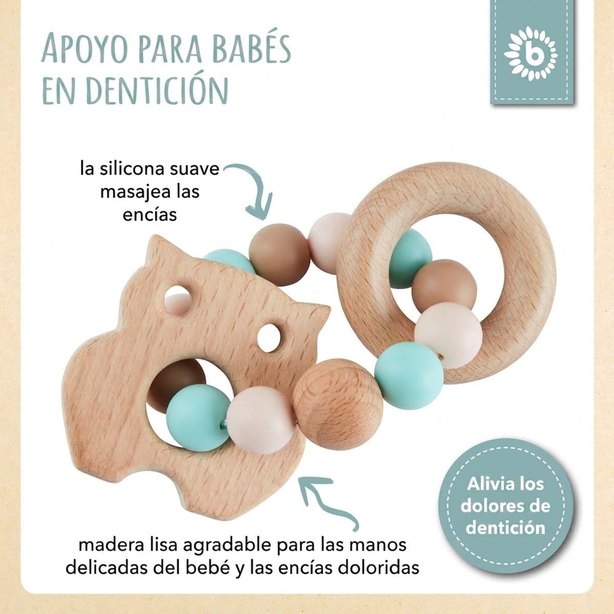Beißring Eule mit Silikonkette - ES Infographic
