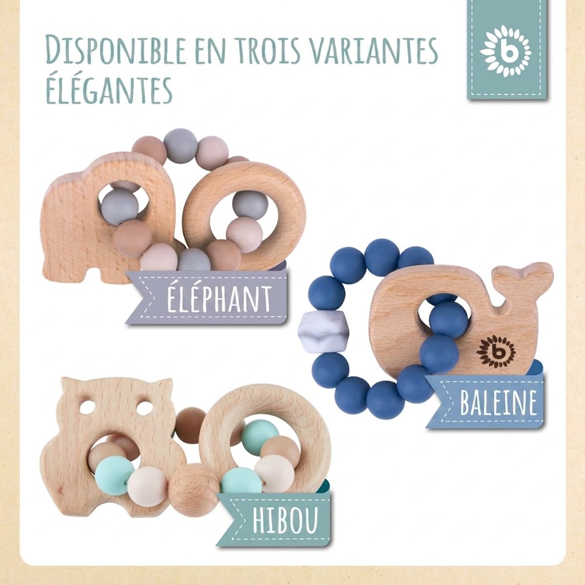 Beißring Eule mit Silikonkette - FR Infographic