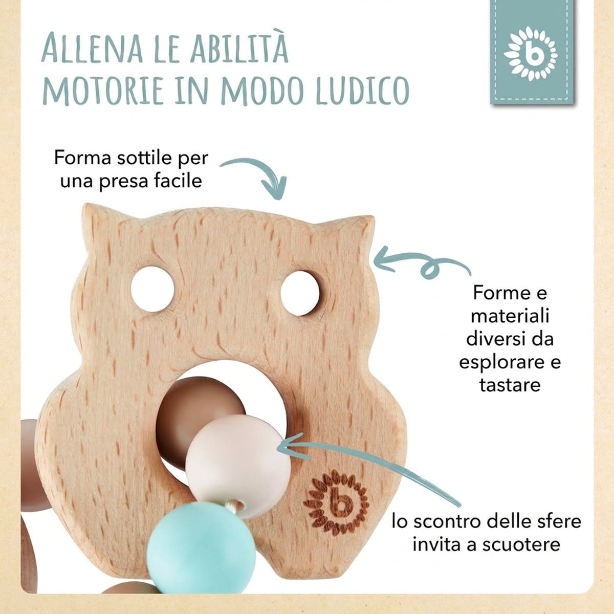 Beißring Eule mit Silikonkette - IT Infographic