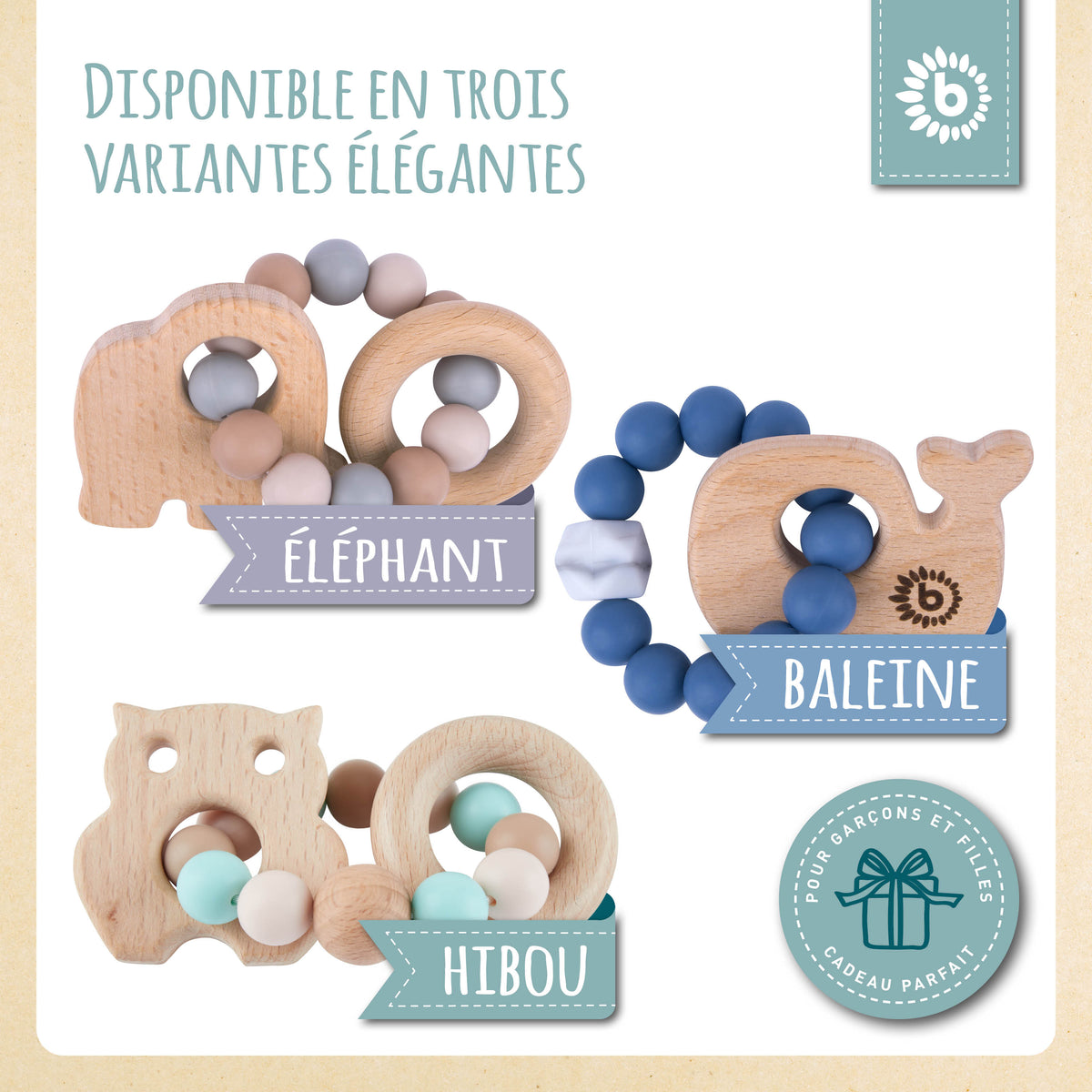 Beißring Eule mit Silikonkette - FR Infographic