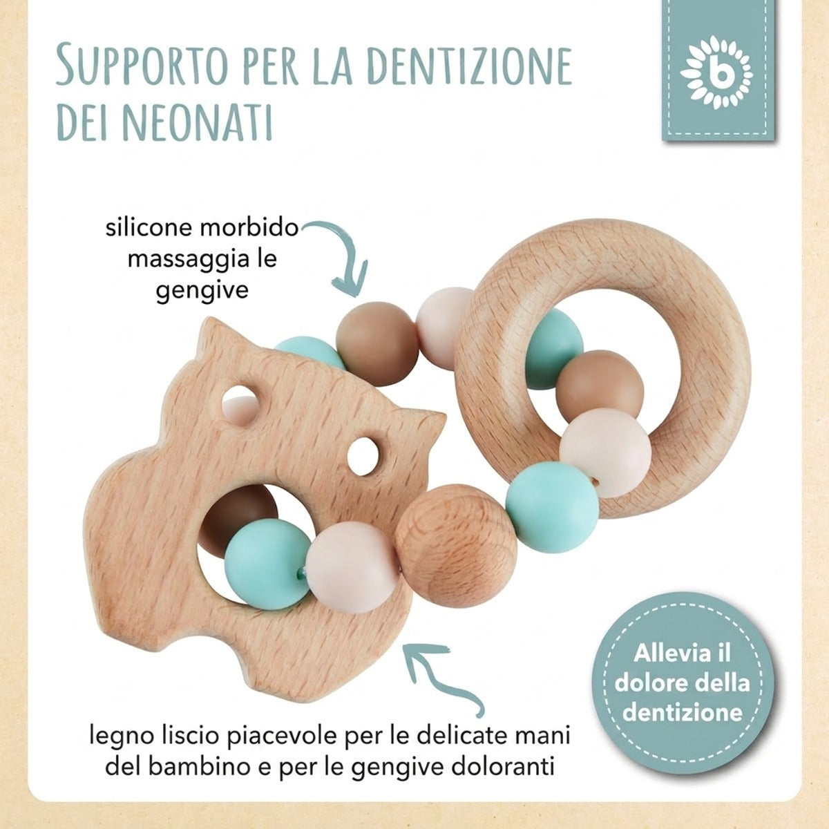 Beißring Eule mit Silikonkette - IT Infographic