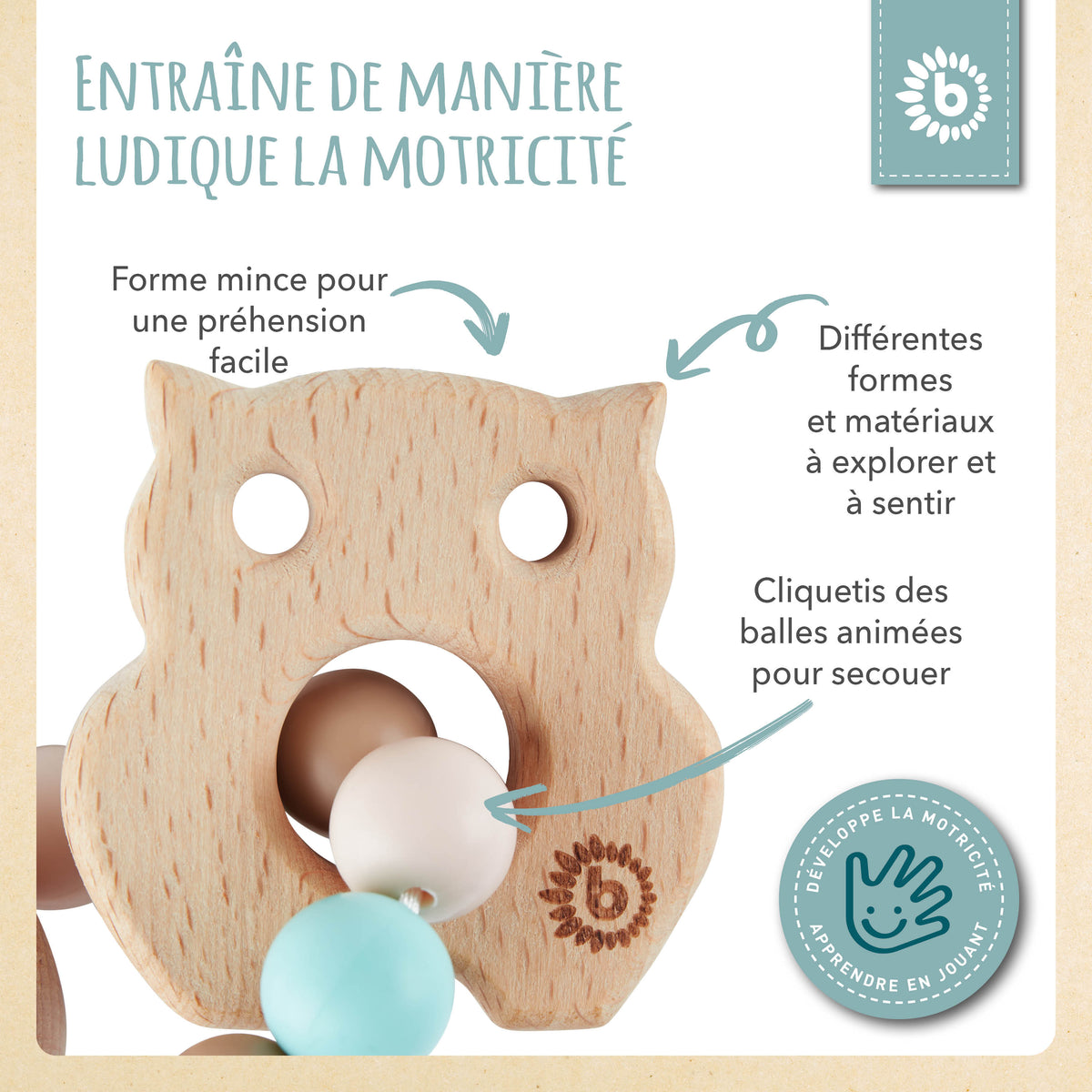 Beißring Eule mit Silikonkette - FR Infographic