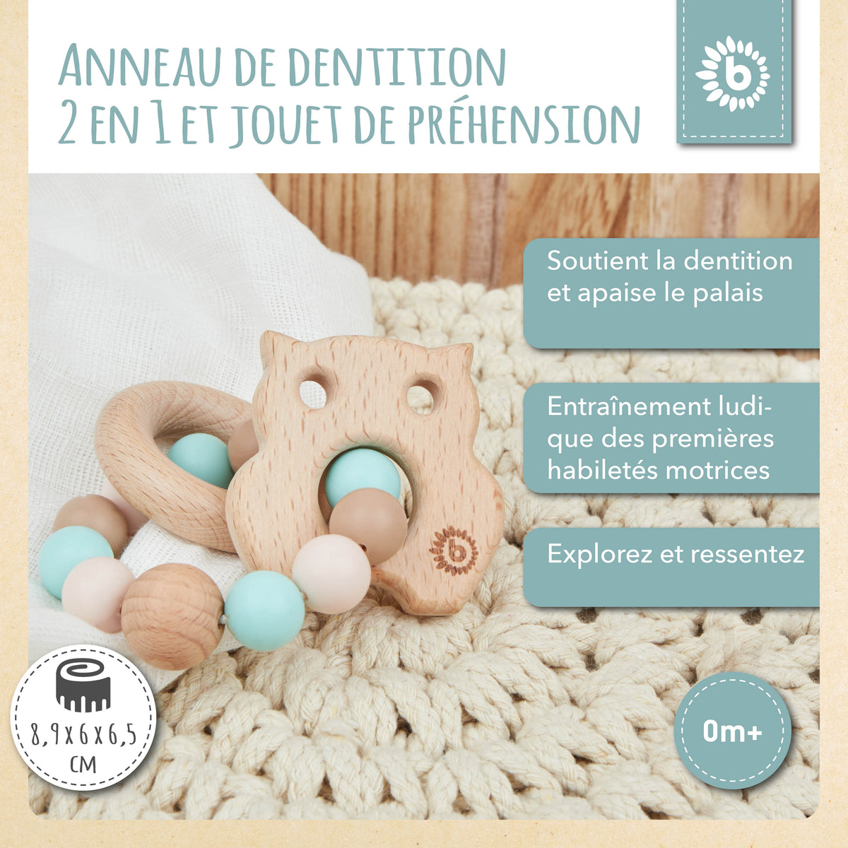 Beißring Eule mit Silikonkette - FR Infographic