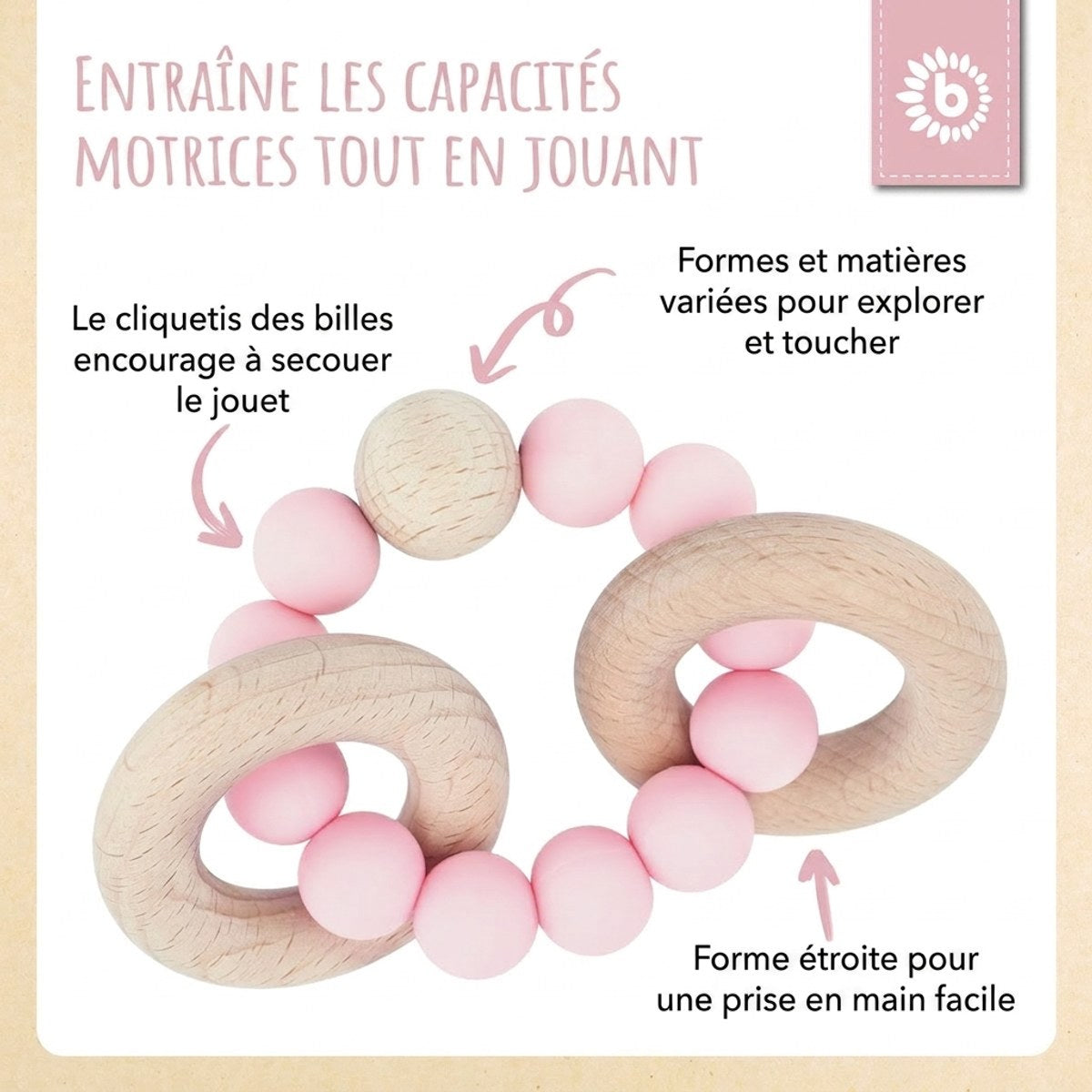 Beißring mit Silikonkette rose - FR Infographic