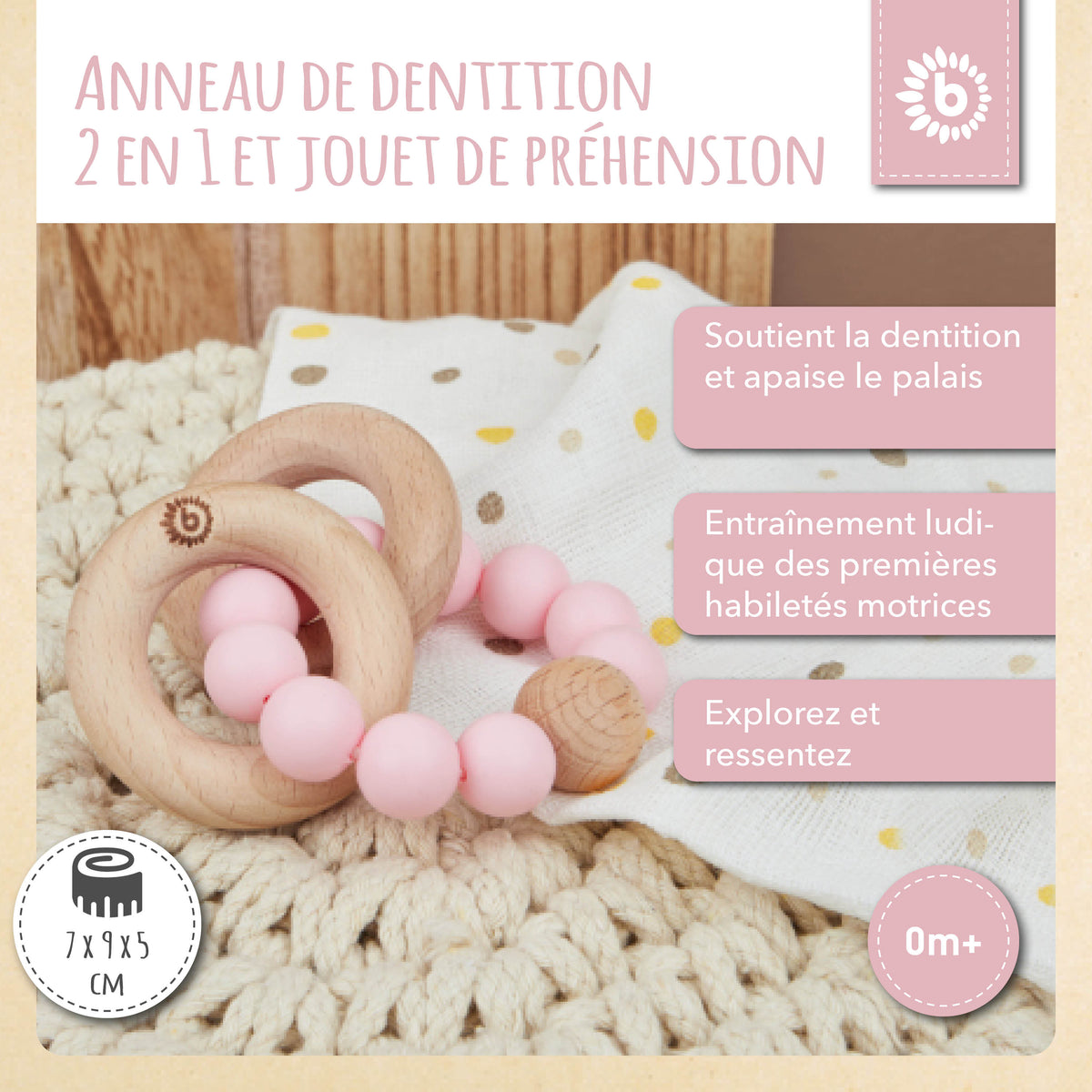 Beißring mit Silikonkette rose - FR Infographic