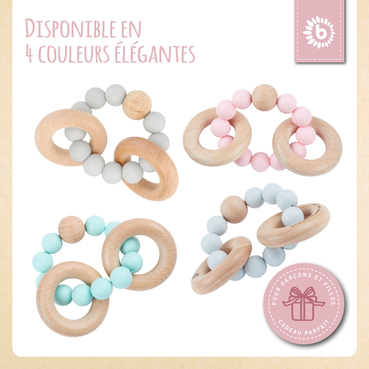 Beißring mit Silikonkette rose - FR Infographic