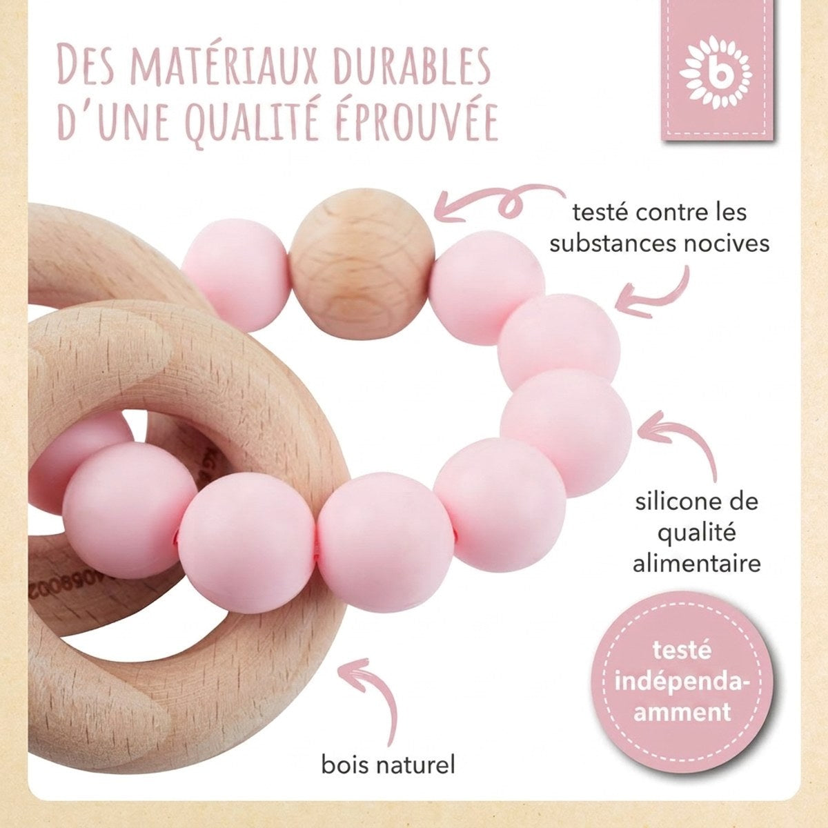 Beißring mit Silikonkette rose - FR Infographic