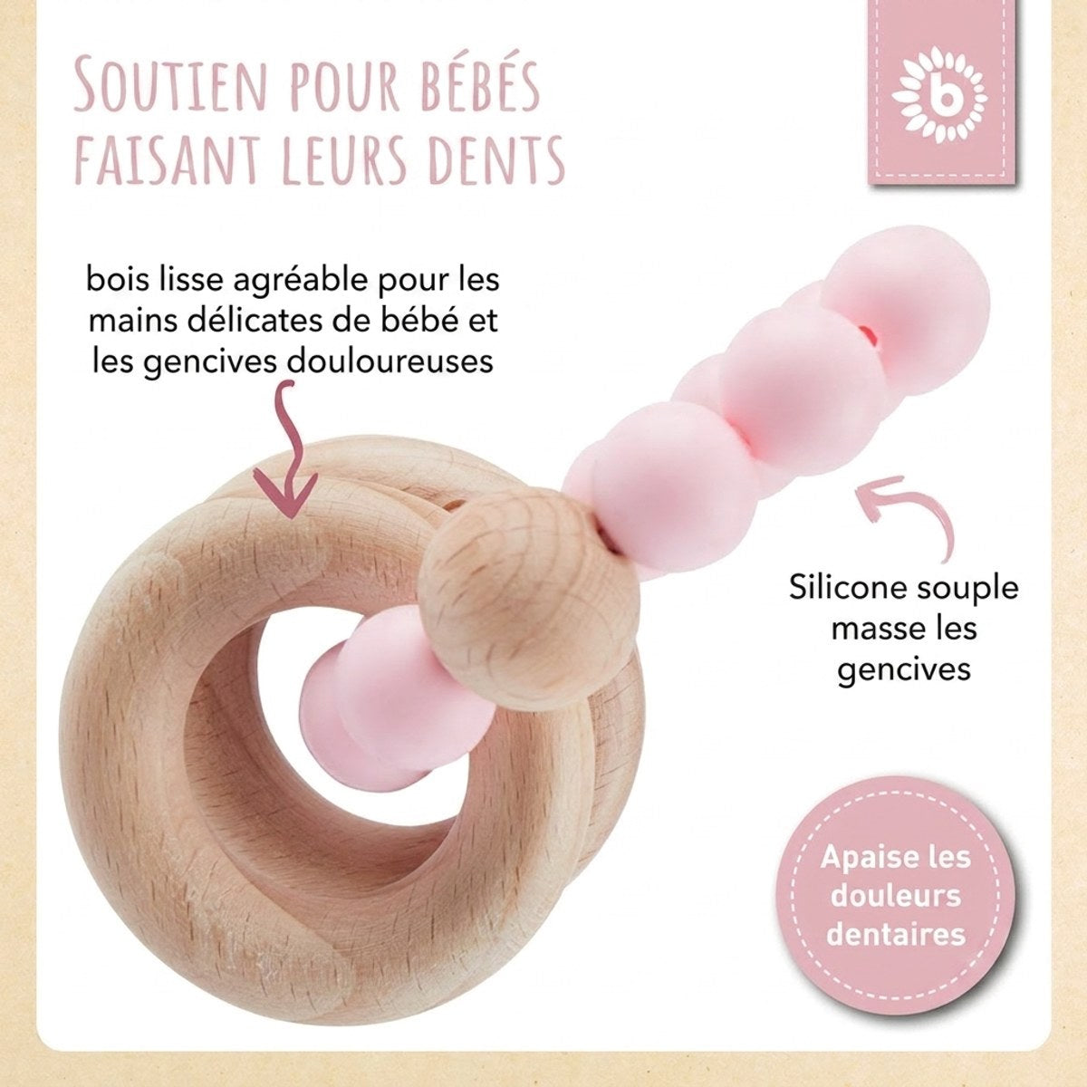 Beißring mit Silikonkette rose - FR Infographic