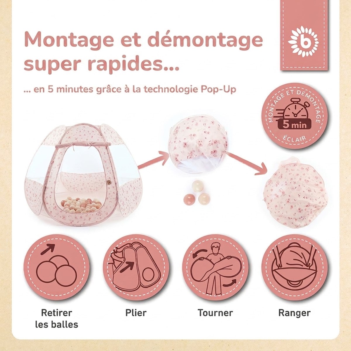 Pop Up Spielzelt und Bällebad Dreamy Flowers mit 50 Bällen - FR Infographic