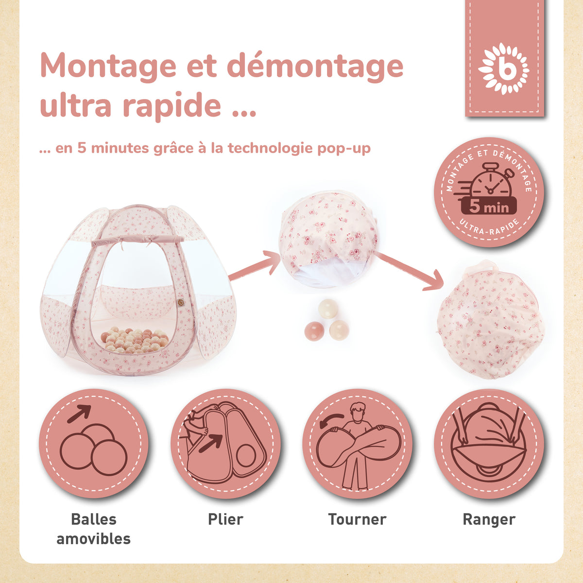 Pop Up Spielzelt und Bällebad Dreamy Flowers mit 50 Bällen - FR Infographic