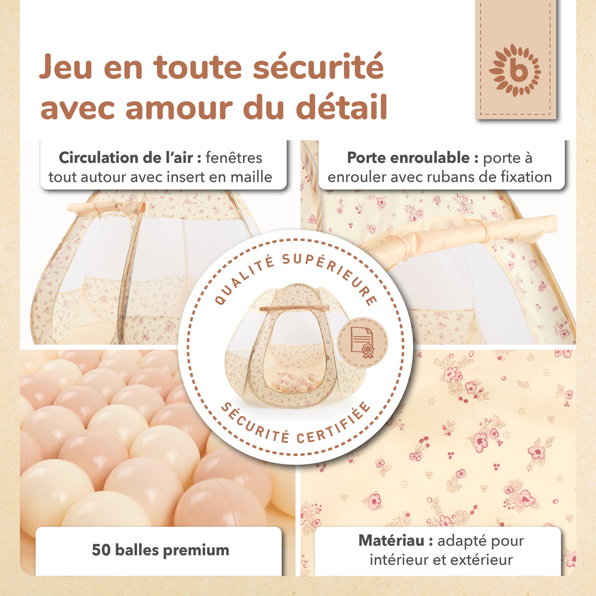 Pop Up Spielzelt und Bällebad Vintage Flowers mit 50 Bällen - FR Infographic