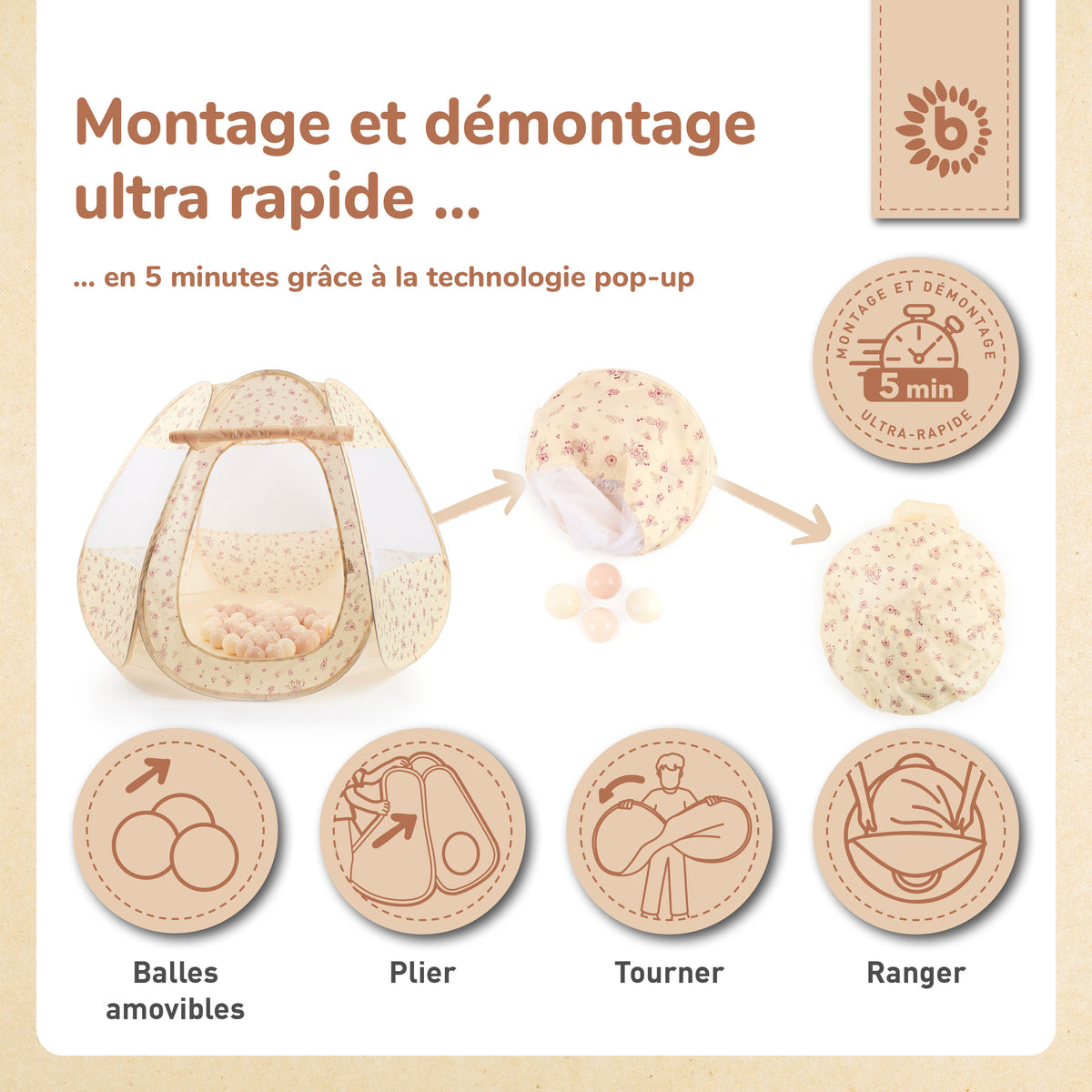 Pop Up Spielzelt und Bällebad Vintage Flowers mit 50 Bällen - FR Infographic